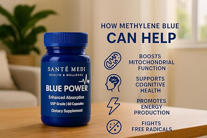 Blue Power - Methylene Blue (USP Grade) Pharma Grade - 60 Capsules with Added Vitamin C Ester for Enhanced Absorption - Brain Supplement for Memory Focus Clarity Cognitive Function