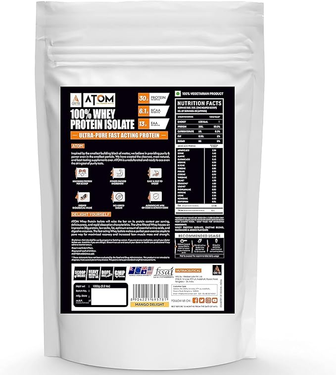 Asitis Nutrition Atom Whey Protein Isolate 1kg/35.2 Oz | 30g Protein 6.1g Bcaa &amp 13g Eaa | Ultra-pure Fast Acting Protein | Mango Delight Flavor No Added Sugar Cross-flow Microfiltered