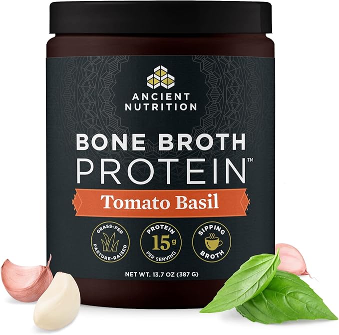 Ancient Nutrition Bone Broth Protein Powder Tomato Basil Grass-Fed Chicken and Beef Bone Broth Powder 15g Protein Per Serving Supports a Healthy Gut 15 Servings