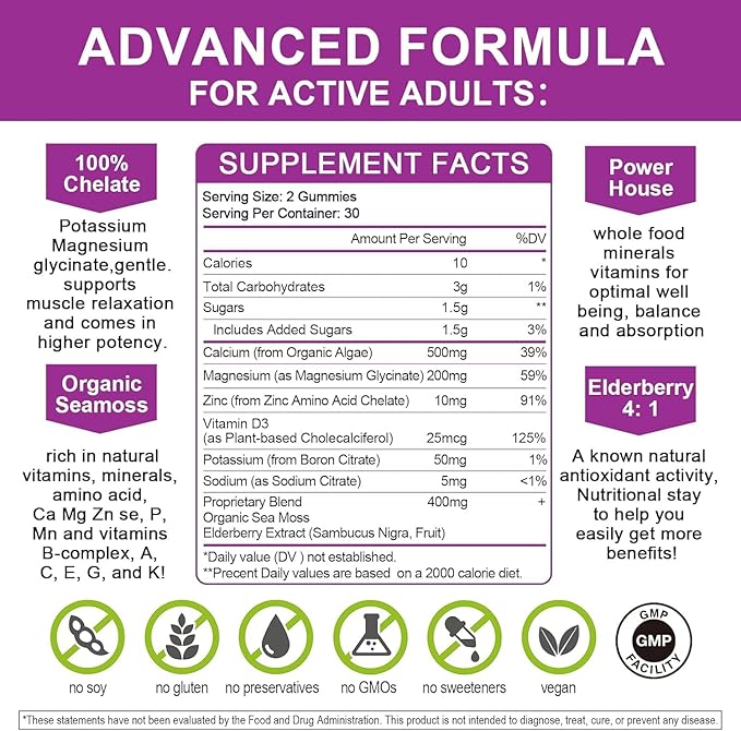 Calcium Magnesium Zinc Gummies with High Absorption Magnesium Glycinate Potassium -Plant Calcium Supplement w/ D3 &amp Sea Moss for Bone Muscles Calm Mood &amp Sleep Support- Kids &amp Adults (2