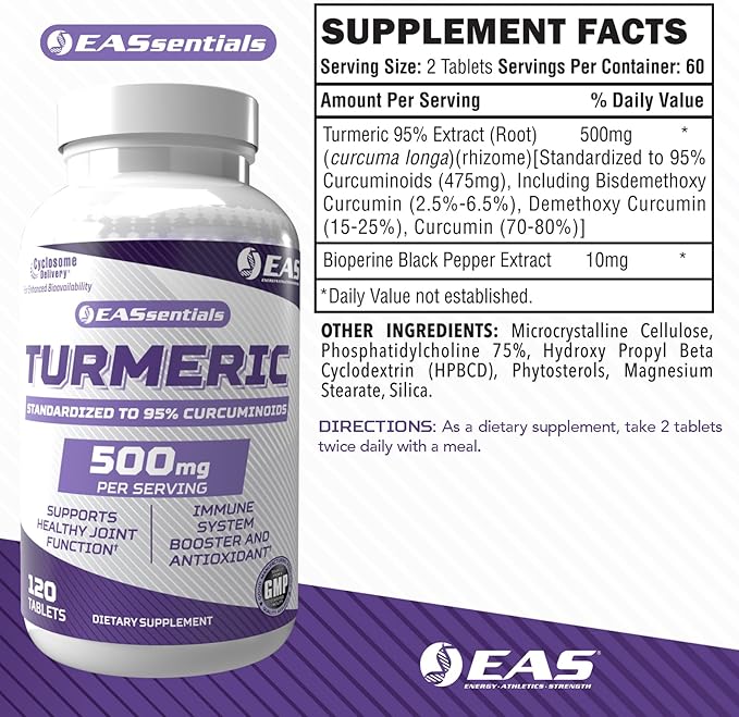 EAS Turmeric 500mg | 95% Standardized Curcuminoids | Boost Antioxidants Immunity &amp Joint Function | Better Absorption with Cyclosome Delivery | 120 Tablets