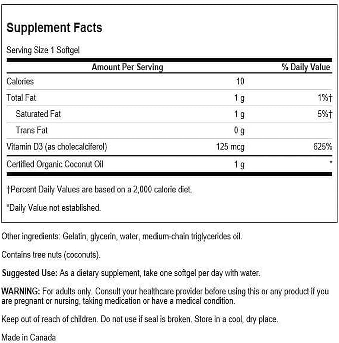 Swanson High Potency Vitamin D-3 w/Coconut - Natural Supplement Promoting Bone Health &amp Immune System Support - May Help Increase Calcium Absorption - (60 Softgels 125mcg Each) (2 Pack)