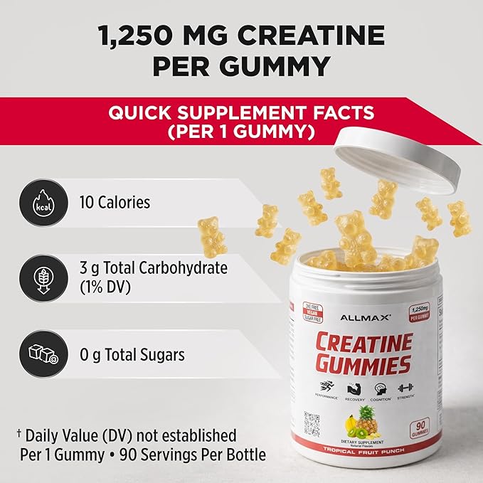 ALLMAX Creatine Gummies 90 Count Creatine Monohydrate Gummies 1250 mg Per Gummy Sugar Free Creatine Supplement for Women &amp Men Strength &amp Performance Support Tropical Fruit Punch
