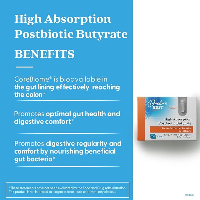 Doctor's BEST High Absorption Postbiotic Butyrate Featuring Corebiome Gut &amp Immune Health Non-GMO Gluten Free Soy Free Vegan 30 Liquid Veggie Caps
