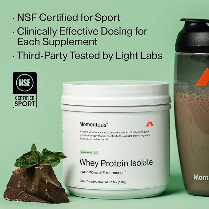 Momentous Essential Grass-Fed Whey Protein Powder - 20 g Whey Isolate Protein - NSF Certified for Sport - Gluten-Free - 12 Servings for Essential Everyday Use - Mint Chocolate - Package May Vary