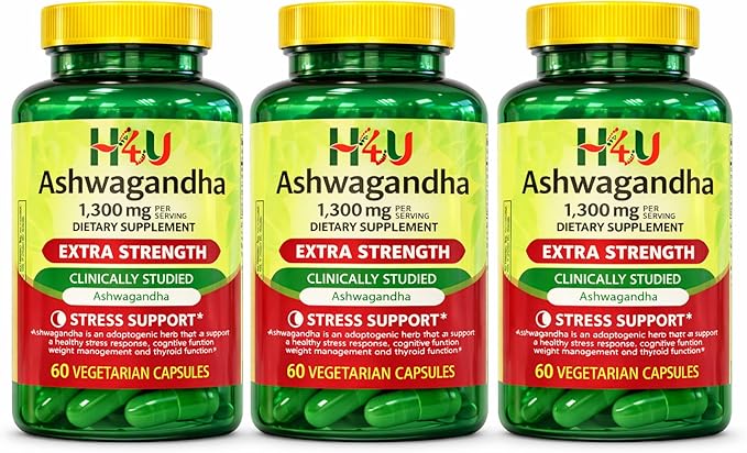 H4U Ashwagandha 1300mg Extra Strength Dietary Supplement 60 Vegetarian Capsules (Standard 1300mg – 3 Pack)