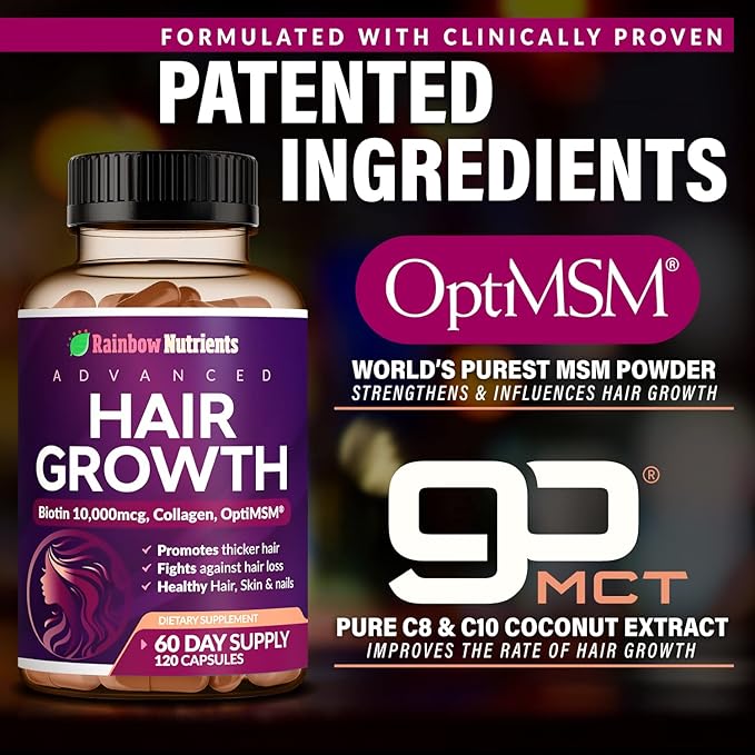 Hair Growth Vitamins for Women | Biotin 10000mcg Collagen Patented OptiMSM® goMCT® Saw Palmetto | Naturally Regrow Stronger &amp Healthier Hair Skin and Nails | Stops Hair Loss | 60 Day Supply