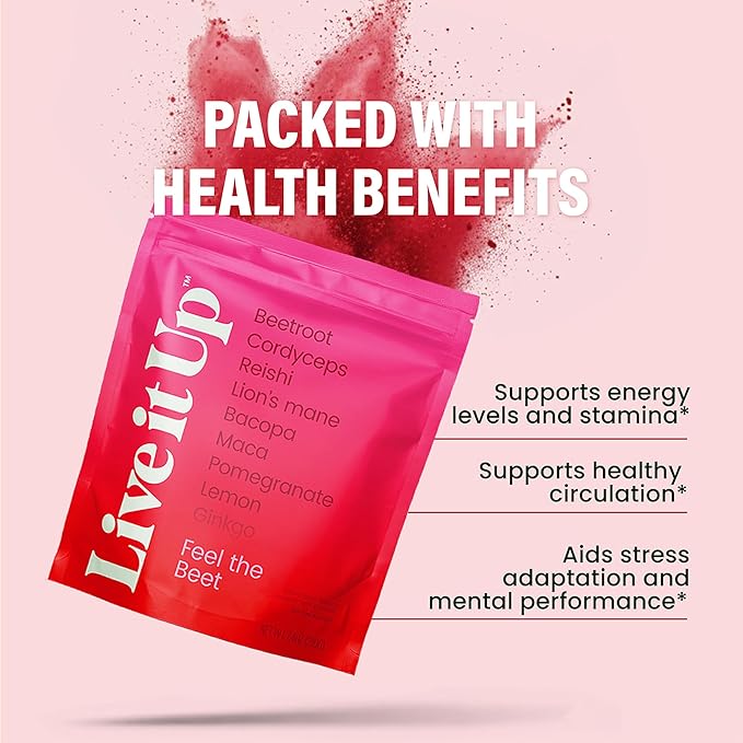 LIVE IT UP | Feel the Beet: Beetroot Powder with Superfood Vitality Blend | Supports Energy Endurance and Clarity | Contains Ginkgo Beetroot Plant-Based Nitrates Antioxidants and Adaptogens