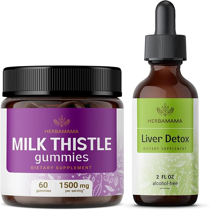 HERBAMAMA Milk Thistle and Liver Support Complex Kit - Bundle of Milk Thistle Gummies &amp Liver Detox Liquid Complex 4 fl oz - Vegan Non-GMO Alcohol-Free - 2 Pack