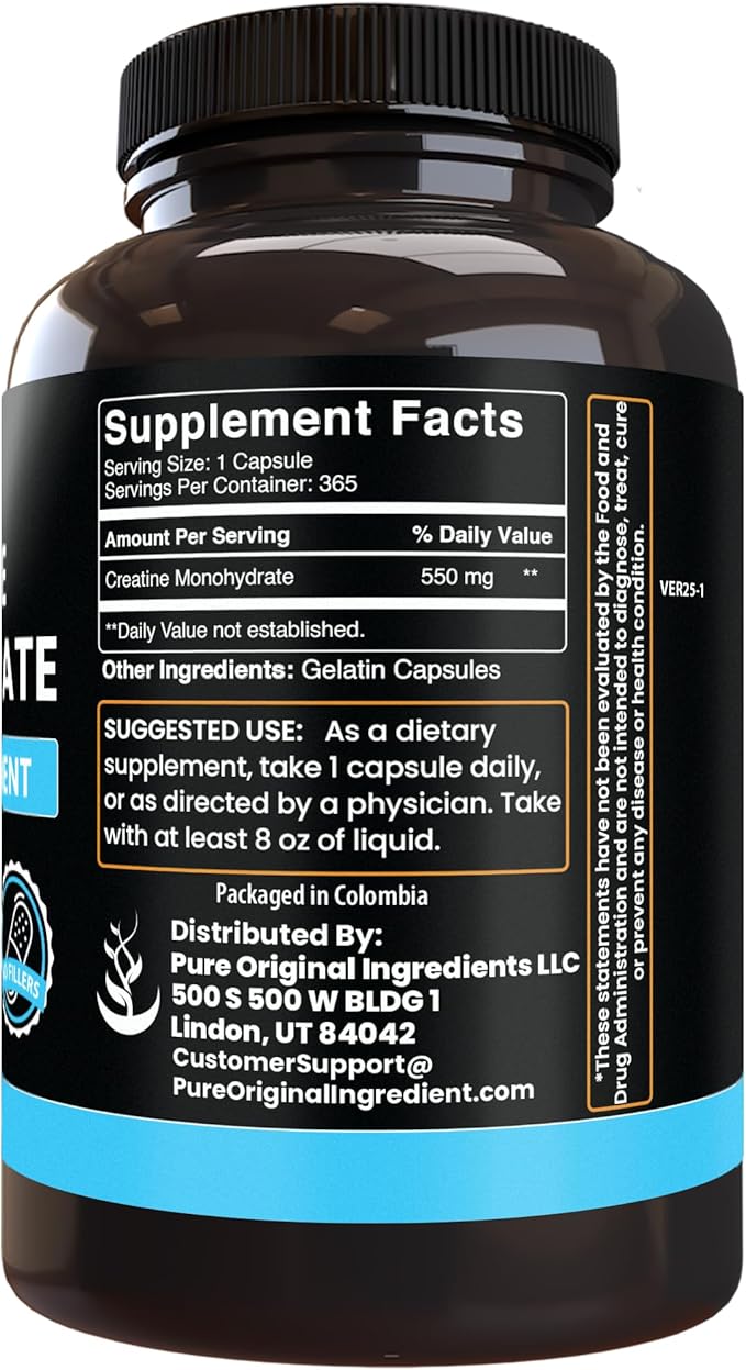 PURE ORIGINAL INGREDIENTS Creatine Monohydrate (365 Capsules) No Magnesium Or Rice Fillers Always Pure Lab Verified