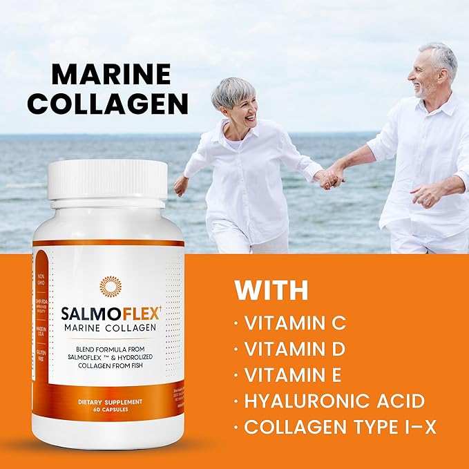 VITASEI Salmoflex Marine Collagen Peptides Pills W/Hyaluronic Acid Vitamin C D E | Salmon Supplements - Hair Skin Nails | Multivitamin for Women &amp Men | Knee Joint Relief - 60 Capsules