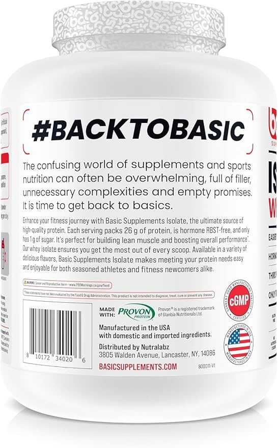 Basic Whey Protein Isolate 26g Protein 0g Fat Gluten-Free RBST-Free Rapid Absorption 110 Calories