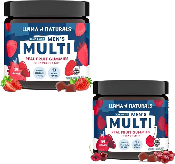 Llama Naturals Multivitamin for Men Vegan Organic Gummies with Vitamin D C and K Men's Real Fruit Gummy Vitamins Cherry and Strawberry 120 Ct