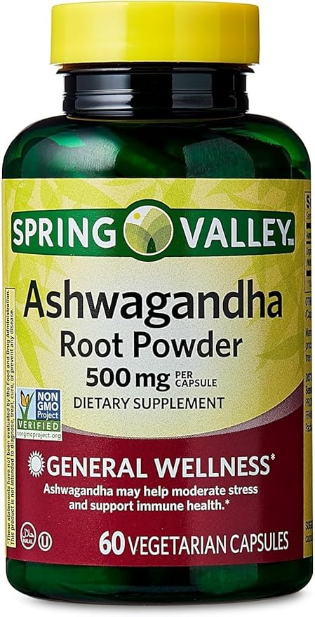Spring Valley Ashwagandha- 500mg Root Powder 60 Capsules (Pack of 1) Set by Basket Goods