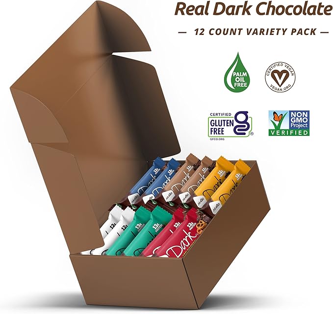 NuGo Dark Variety Box - Pretzel Chocolate Chip Mint Chocolate Chip Mocha Peanut Butter Cup and Almond 11-12g Protein Vegan Gluten Free Kosher Pareve 12 Count Variety