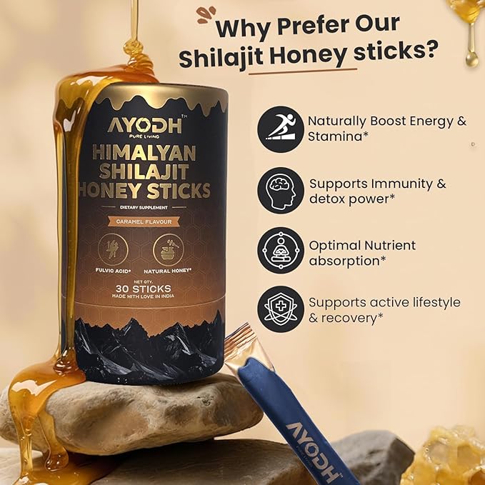 Himalayan Shilajit Honey Sticks with Natural Honey Caramel Flavor – 30 Count 75%+ Fulvic Acid 85+ Trace Minerals Easy Single-Use Energy &amp Immunity Support