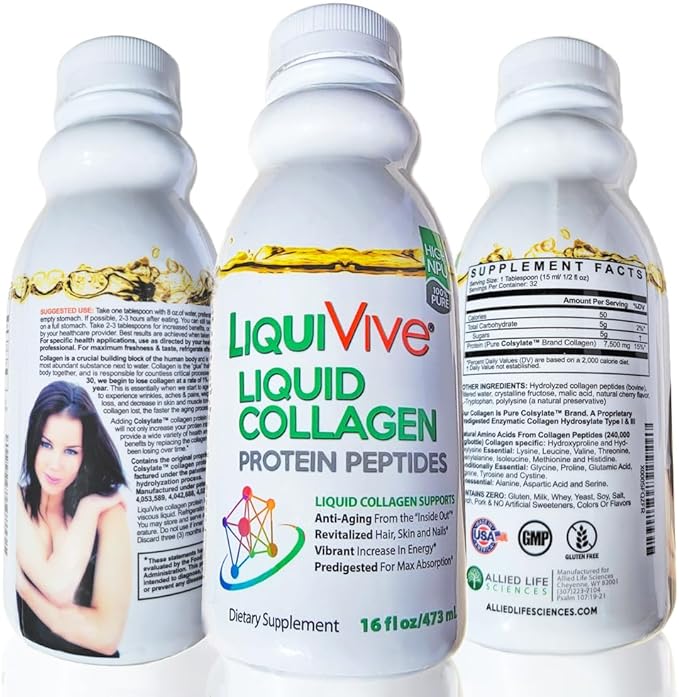 LiquiVive Liquid Collagen Protein Peptides Concentrate | Pure Hydrolyzed Super Multi Collagen Hydrolysate Health Drink | Higher Direct Absorption Than Powder Pills &amp Capsules | Colageno Liquido