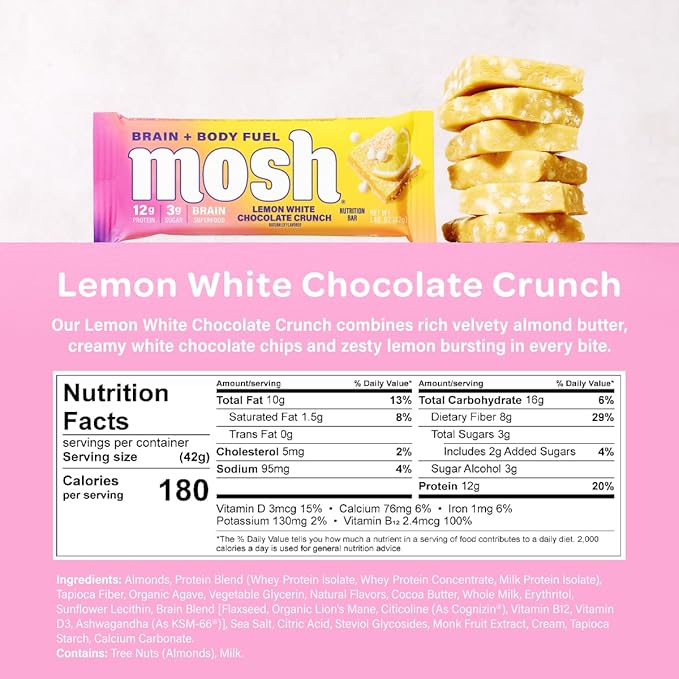 MOSH Lemon White Chocolate Keto Protein Bars High Fiber Low Carb Gluten Free High Protein Brain Healthy Snack 12 Count