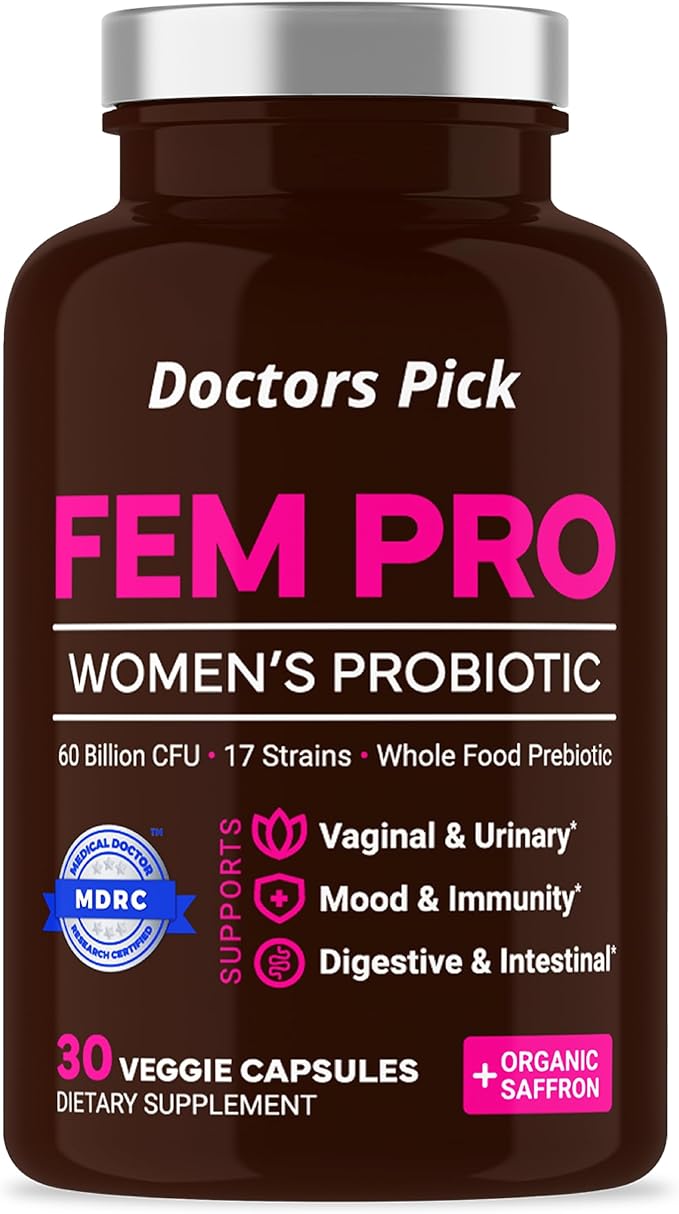 Fem Pro Probiotics for Women. 17 Clinically Effective Strains for Vaginal Digestive &amp Immune Support Urinary Tract Health pH Balance and Mood. Organic Prebiotic 30 Veggie Capsules