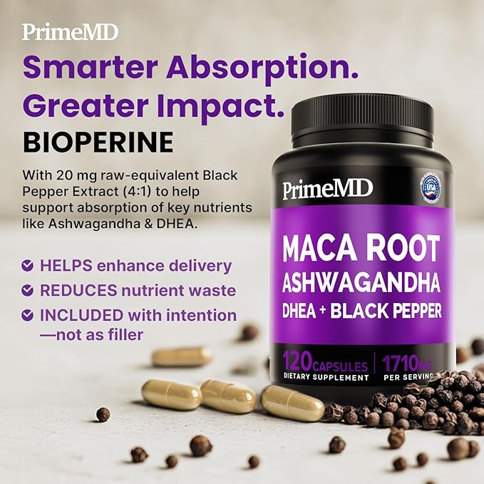6-in-1 Organic Maca Root Ashwagandha Capsules 1710mg with DHEA and Black Pepper Fruit Extract for Women and Men - Black Maca Supplement for Stamina Bone and Mood Support Supplement 120ct (Pack of 2)