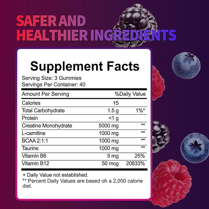 Creatine Monohydrate Gummies 8000 mg for Men &amp Women Creatine Supplement for Enhanced Muscle Growth Energy Boost - with L-Taurine Sugar Free Vegan Raspberry BlackBerry Blueberry Flavor-120 Co