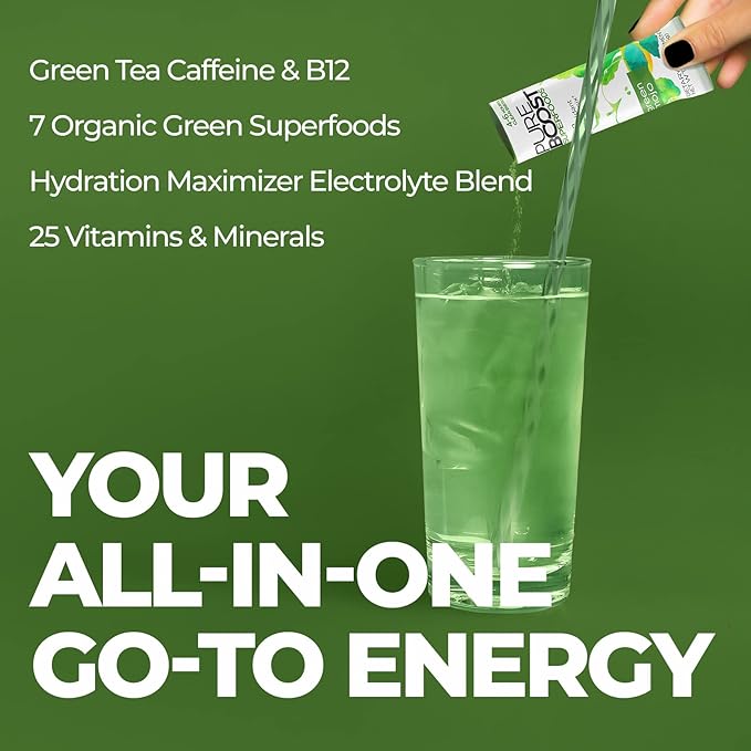 Pureboost Superfoods Clean Energy Booster Energy Drink Mix Powder with 7 Organic Green Superfoods Spirulina Kale Broccoli and Vitamins Green Apple Pineapple Mango (Green Mojo 30 Count)