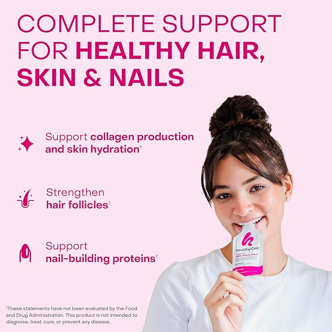 Healthycell Vibrant Hair Skin &amp Nails Daily Liquid Supplement - Beauty Supplements with Hydrating Nutrients &amp Essential Vitamins - Collagen Biotin &amp Hyaluronic Acid - 30 Gel Packs