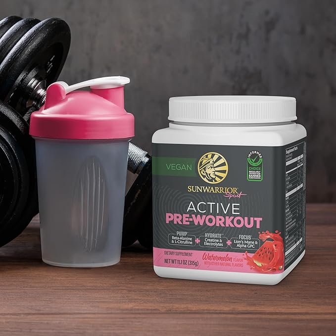 Sunwarrior Pre Workout Powder Energy Drink | Vegan Plant-Based Supplement | Pump Hydrate Focus Endurance &amp Strength Builder | Watermelon Flavored 30 Servings | Active Preworkout
