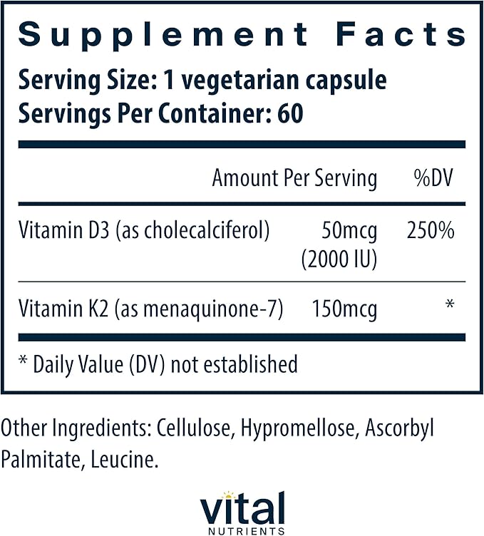 Vital Nutrients Vitamin D3 + K2-2000 IU - Vitamin D3 K2 Supplement - Vitamin D Complex for Healthy Calcium Levels Muscle &amp Bone Health - Gluten Dairy Soy Free - 60 Capsules