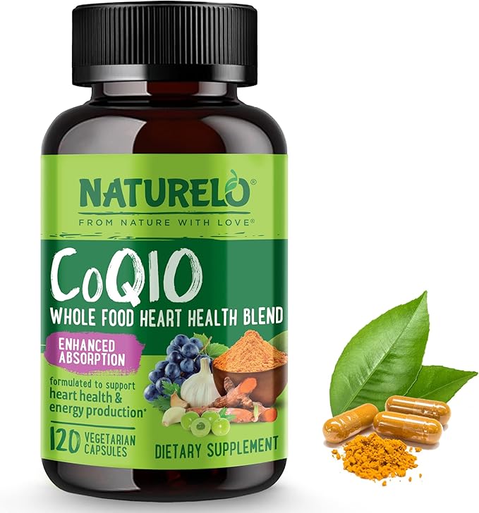 NATURELO Whole Food CoQ10 Supplement 120 Veg Capsules Heart Health Blend Powerful Antioxidant CoQ10 100mg Supports Energy Production