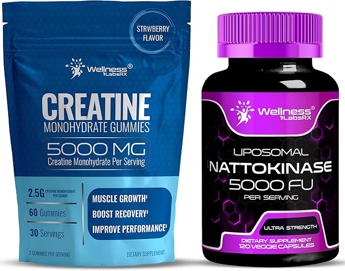 WELLNESS LABSRX Nattokinase Supplement Capsules 5000 FU - Creatine Gummies 5000mg | Bundle