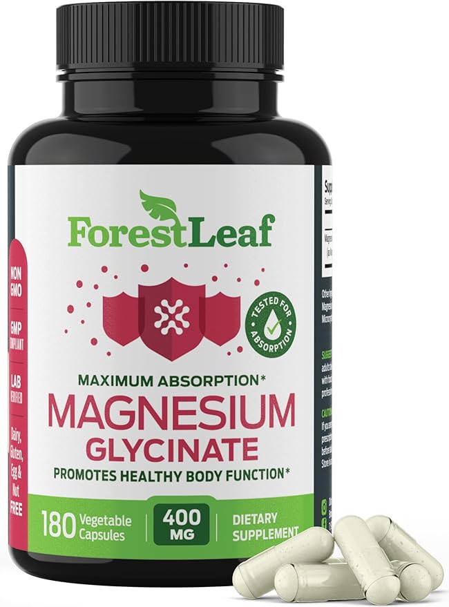 Pure Magnesium Glycinate 400mg Serving - High Absorption Magnesium Glycinate - Mag Bisglycinate for Stress Bones Muscles Nerves Relaxation &amp Heart Health Non GMO &amp Gluten Free - 180 Capsu