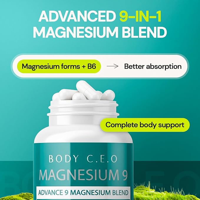 Body C.E.O. Magnesium 9 - Full-Spectrum Blend with Malate Citrate Glycinate Taurate Orotate &amp More - Supports Healthy Sleep Calm Muscle Relaxation &amp Focus - 60 Veggie Capsules