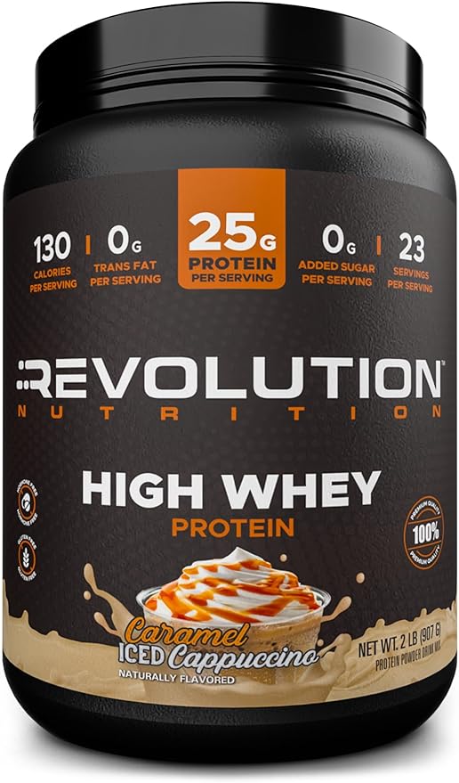 Revolution Nutrition High Whey Protein Powder 2LB Whey Isolate Gluten Free Lean Muscle Mass for Men &amp Women 25g of Protein Per Scoop 908 g 24 Servings (Caramel Iced Cappuccino 2 Pound)