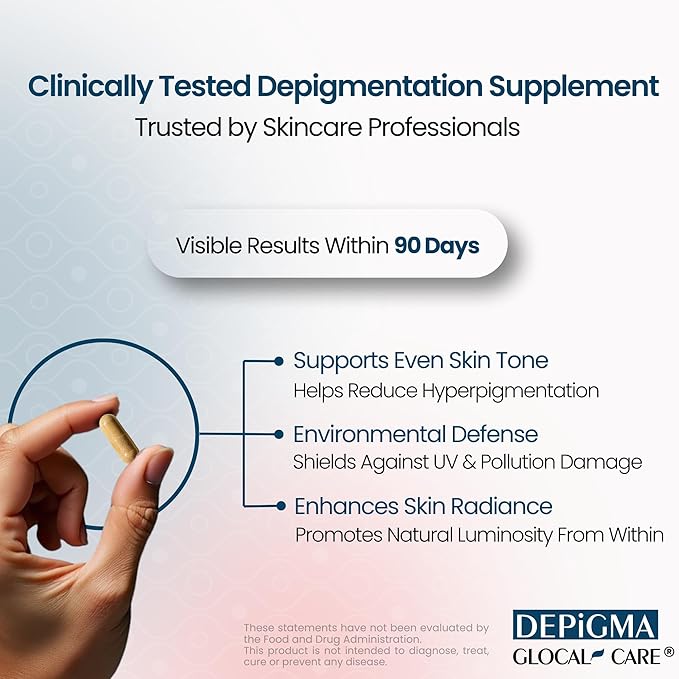 GlocalCare Depigma Support Reduction of Hyperpigmentation Melasma &amp Dark Spots with Glutathione Polypodium Leucotomos Grape Seed &amp Marigold Extract