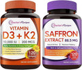 Doctor's Recipes D3 K2 + Saffron Bundle (Pack of 2) | Vitamin D3 K2 10000 IU (Item 1) &amp Saffron Extract Supplement (Item 2) | 120 Softgels + 120 Capsules