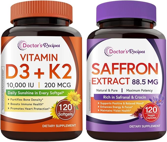 Doctor's Recipes D3 K2 + Saffron Bundle (Pack of 2) | Vitamin D3 K2 10000 IU (Item 1) &amp Saffron Extract Supplement (Item 2) | 120 Softgels + 120 Capsules