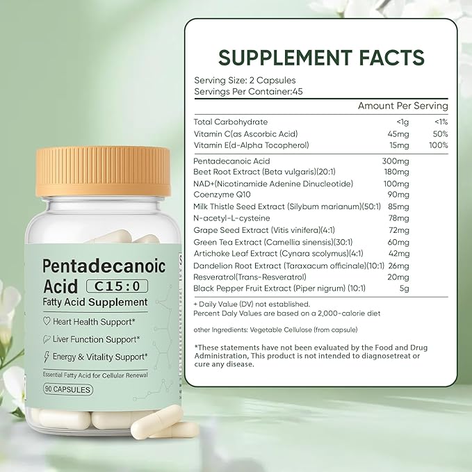 Pentadecanoic Acid Capsules C15:0 Fatty Acid Supplement – Pure Plant-Based Essential Fatty Acid - 90 Vegan Capsules (1)