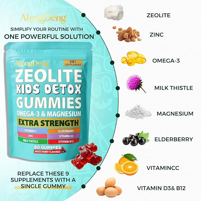 ALongDeng Zeolite Kids Gummies 9-in-1 with Zeolite Magnesium Elderberry Vitamin C Vitamin D3 Zinc B12... – Sugar-Free (60 Gummies – Mixed Berry Flavor)