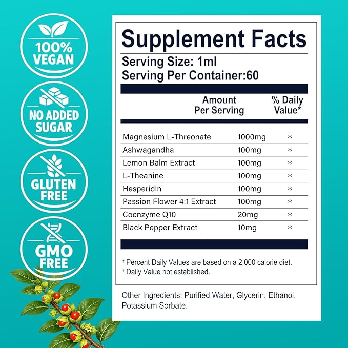 Magnesium L-Threonate Liquid Drops Triple Calm Magnesium Threonate w. Apigenin Theanine Lemon Balm for Relaxation Sleep High Absorption for Brain Health &amp Cognitive Support 2.0 Fl Oz