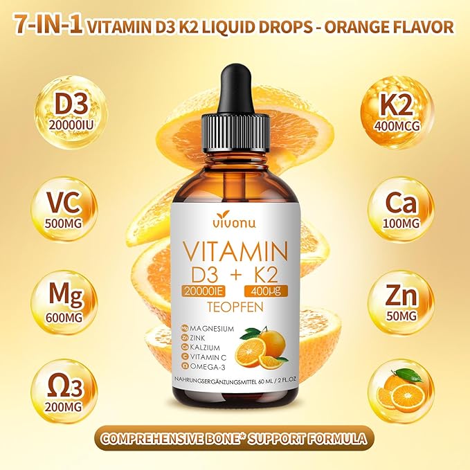Vitamin D3 K2 Drops D3 20000 IU &amp K2 as MK-7 400mcg Liquid Vitamin D3 with K2 Magnesium Calcium Zinc &amp Omega 3 for Immune* Mood* Bone* Health Orange Flavor Vitamin D Liquid Drops Suppl