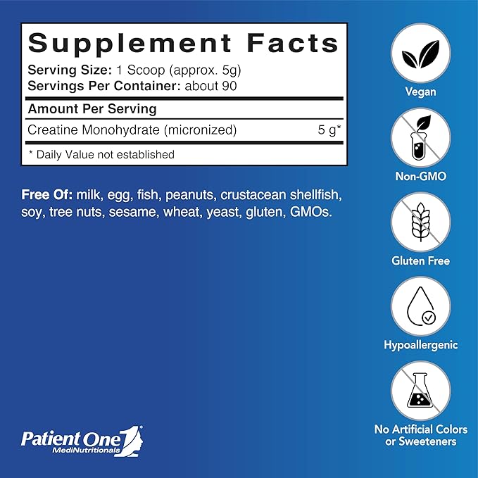 Patient One Creatine Monohydrate Micronized Powder 5 g | Supplement to Support Muscle Health and Cognitive Function* | Unflavored | 90 Servings | 16.19 oz