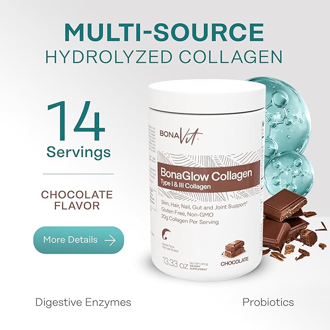 Collagen Peptides - Type I &amp III - Premium Hydrolyzed Collagen Powder - with Digestive Enzymes &amp Probiotics - High Dosis of Collagen &amp Protein - 14 Servings - BonaGlow Chocolate