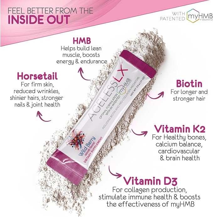 Powder Supplement for Women - with HMB Collagen Enhancer Plus Vitamin D3 K2 Horsetail + Biotin for Lean Muscle and Stronger Hair + Nails - 30 Powder Packets Strawberry Lemonade and Wildberry Bundle