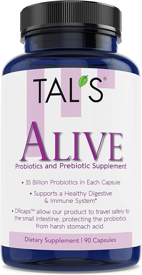 TAL'S Alive Probiotics &amp Prebiotics Supplement | 90ct - 35 Billion CFU | DR Caps for Effective Absorption| Promotes Healthy Immune Digestive Health | Improve Your Gastrointestinal (GI) System