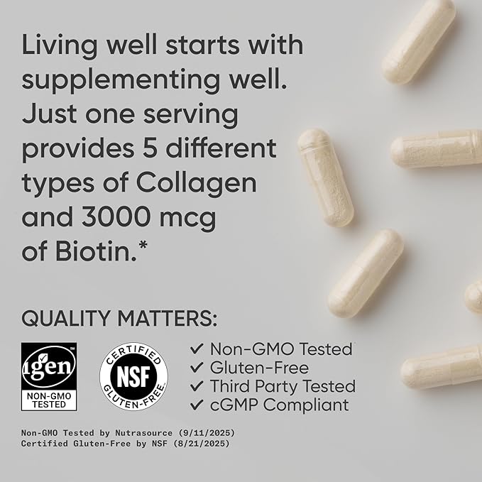 Sports Research® Biotin-Infused Collagen Peptides Complex with Hyaluronic Acid – 5 Multi Collagen Types for Hair Skin &amp Joint Support* - Gluten Free · Non-GMO · 90 Capsules