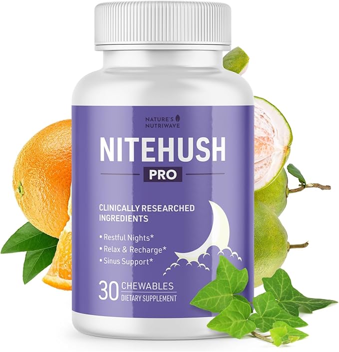NiteHush Pro – Nighttime Chewable Formula with Ivy Extract Quercetin &amp Citrus Compounds – Non-GMO Natural No Stimulants Made in USA GMP Certified– 30 Chewables 1 Month Supply