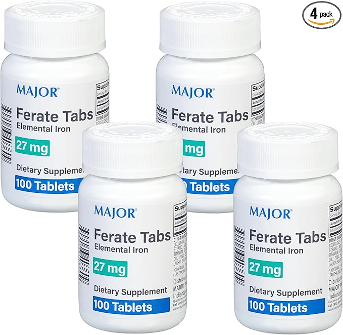 Major 27 mg Ferate Tabs - Ferrous Gluconate Elemental Iron Dietary Supplement - 100 Count (4 Pack)