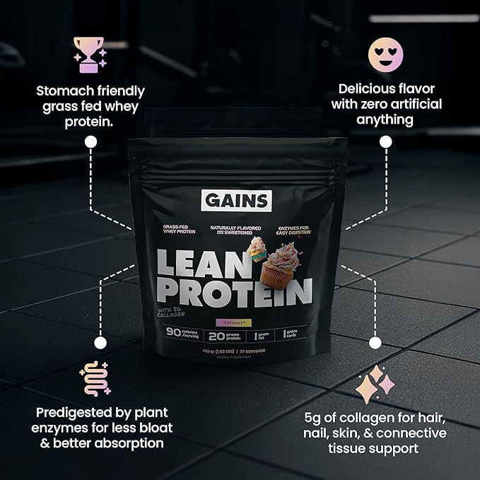 Gains in Bulk Lean Protein Powder with Collagen Peptides Gluten Free Grass Fed Whey 20G Protein &amp 5G Collagen Plant Enzymes to Support Digestion Natural Ingredients Cutcake Flavor 27 Serving
