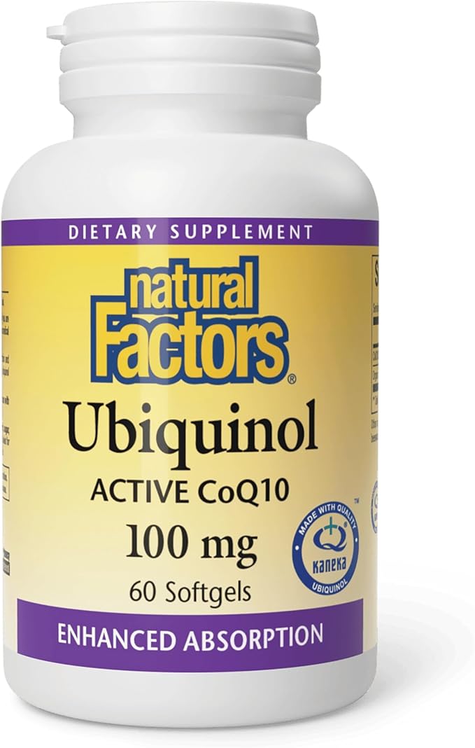 Natural Factors Ubiquinol 100 mg - Supports Heart Health &amp Natural Vitality - Antioxidant Support Supplement with Superior Absorption - Energy Support with Flaxseed Oil - 60 Softgels (60 Servings)